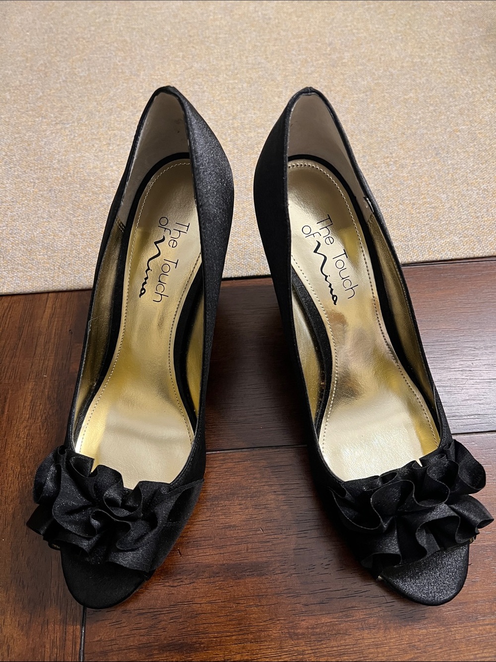 ❤️ Nina Black Satin Floral Ruffle Peep-Toe Wedge Heels